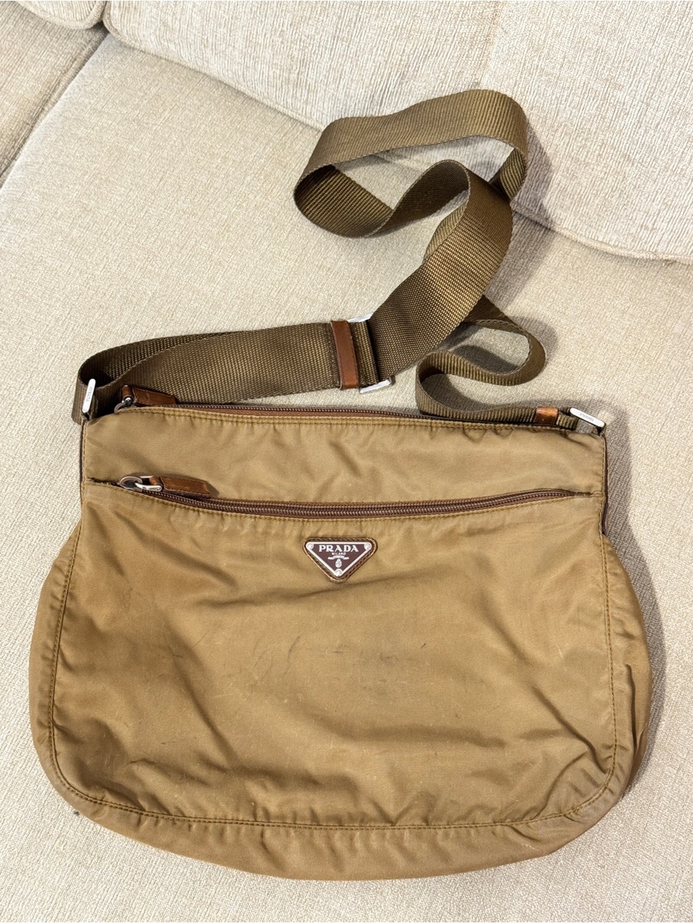 Prada Khaki Nylon Crossbody Bag with Brown Strap